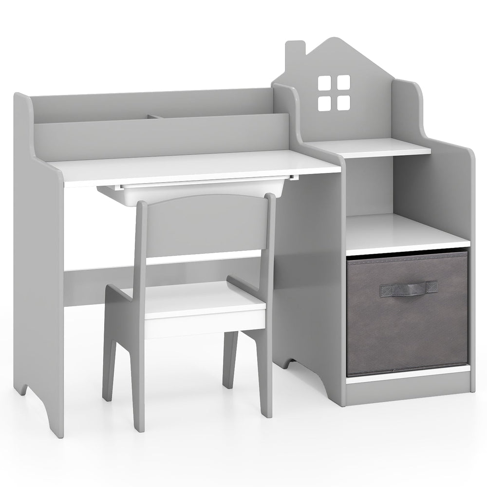 Kids Study Desk and Chair Set Children Study Table with Open Shelves-Grey