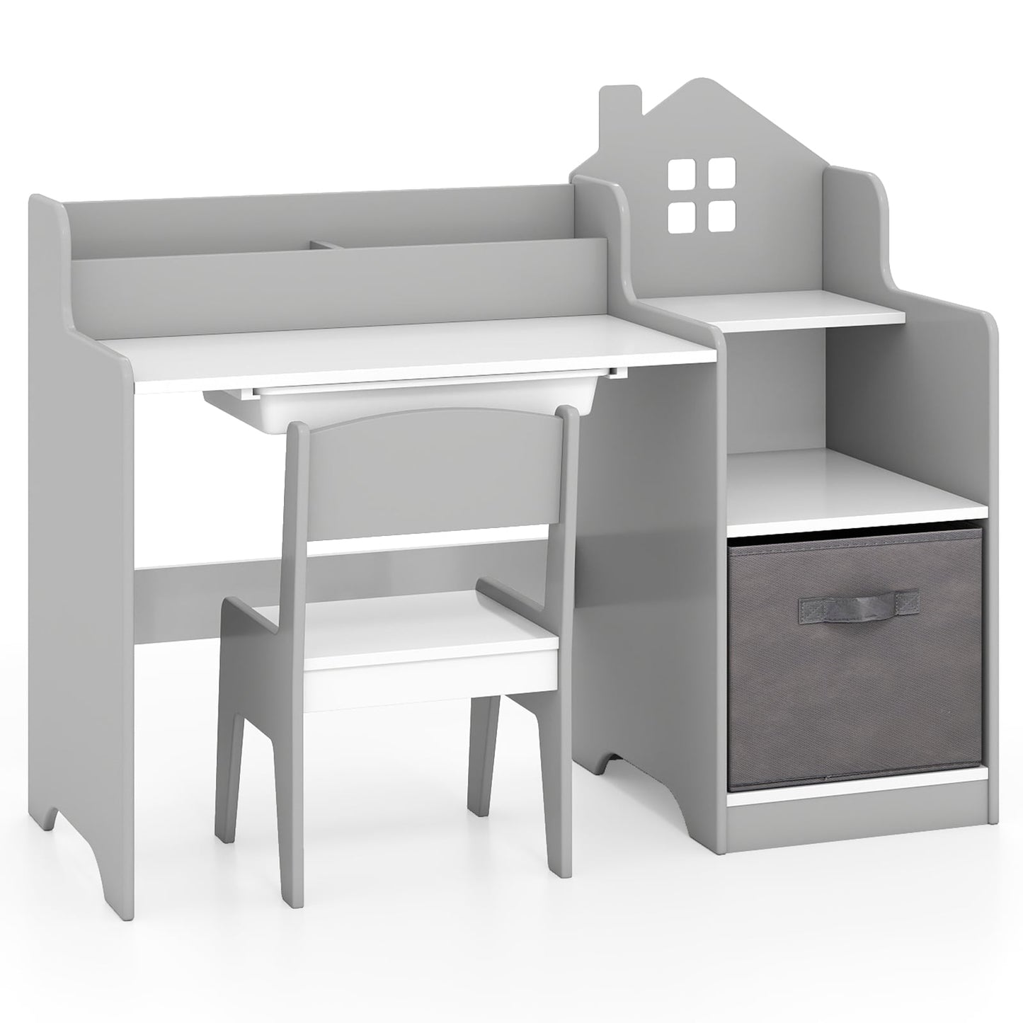 Kids Study Desk and Chair Set Children Study Table with Open Shelves-Grey