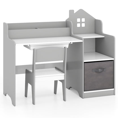 Kids Study Desk and Chair Set Children Study Table with Open Shelves-Grey