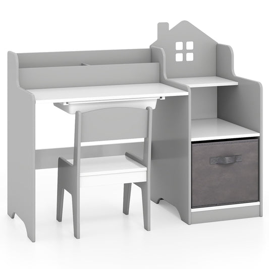 Kids Study Desk and Chair Set Children Study Table with Open Shelves-Grey