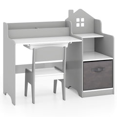 Kids Study Desk and Chair Set Children Study Table with Open Shelves-Grey