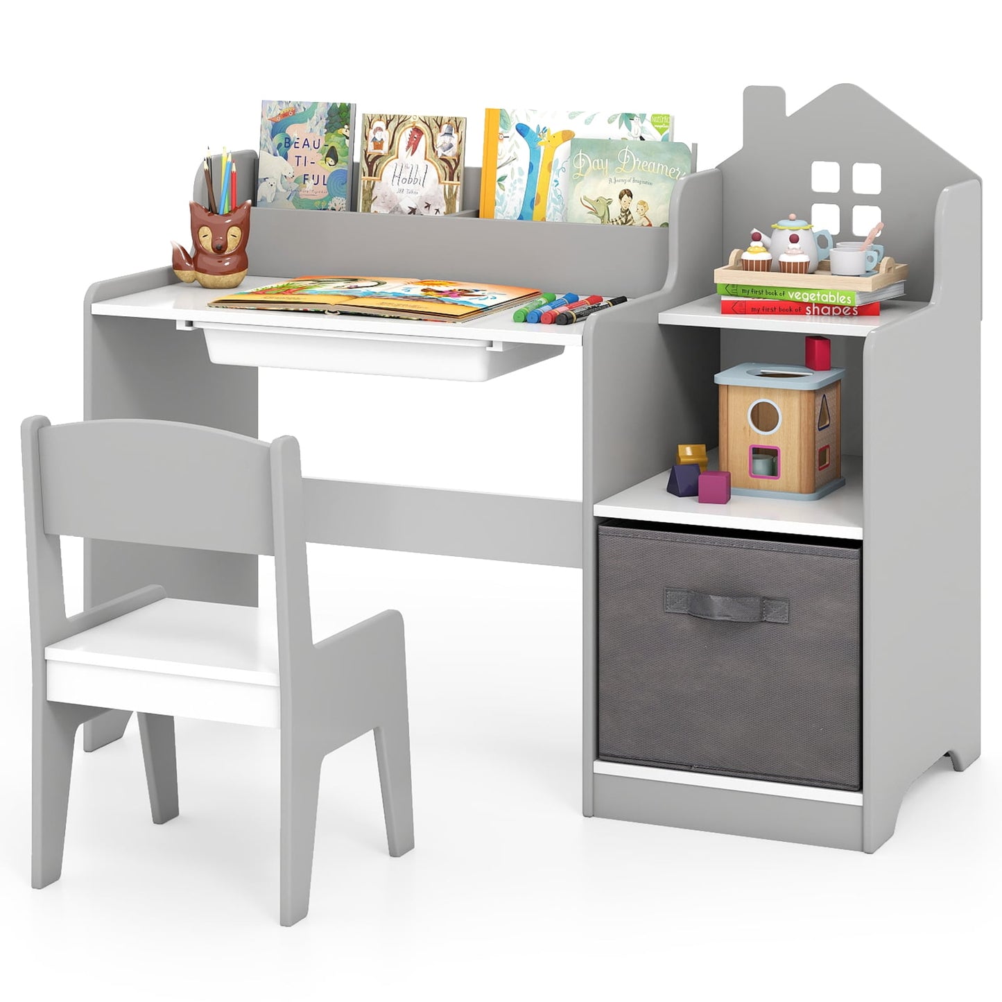 Kids Study Desk and Chair Set Children Study Table with Open Shelves-Grey