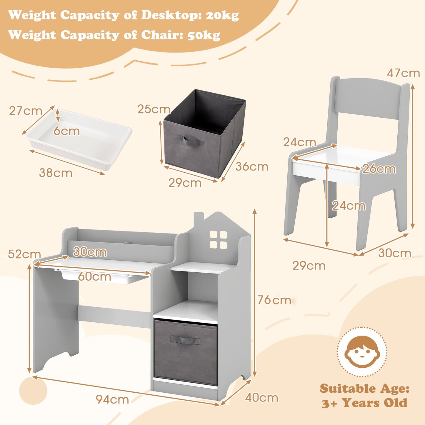 Kids Study Desk and Chair Set Children Study Table with Open Shelves-Grey