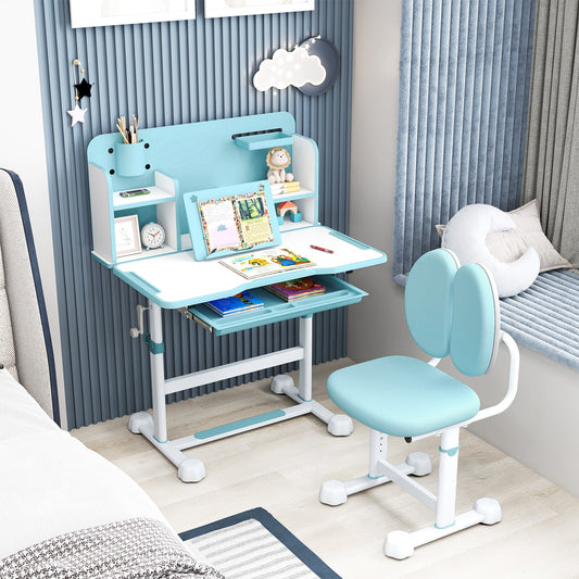 Kid's Study Desk and Chair Set with Tilt Desktop and Footrest Bar-Blue