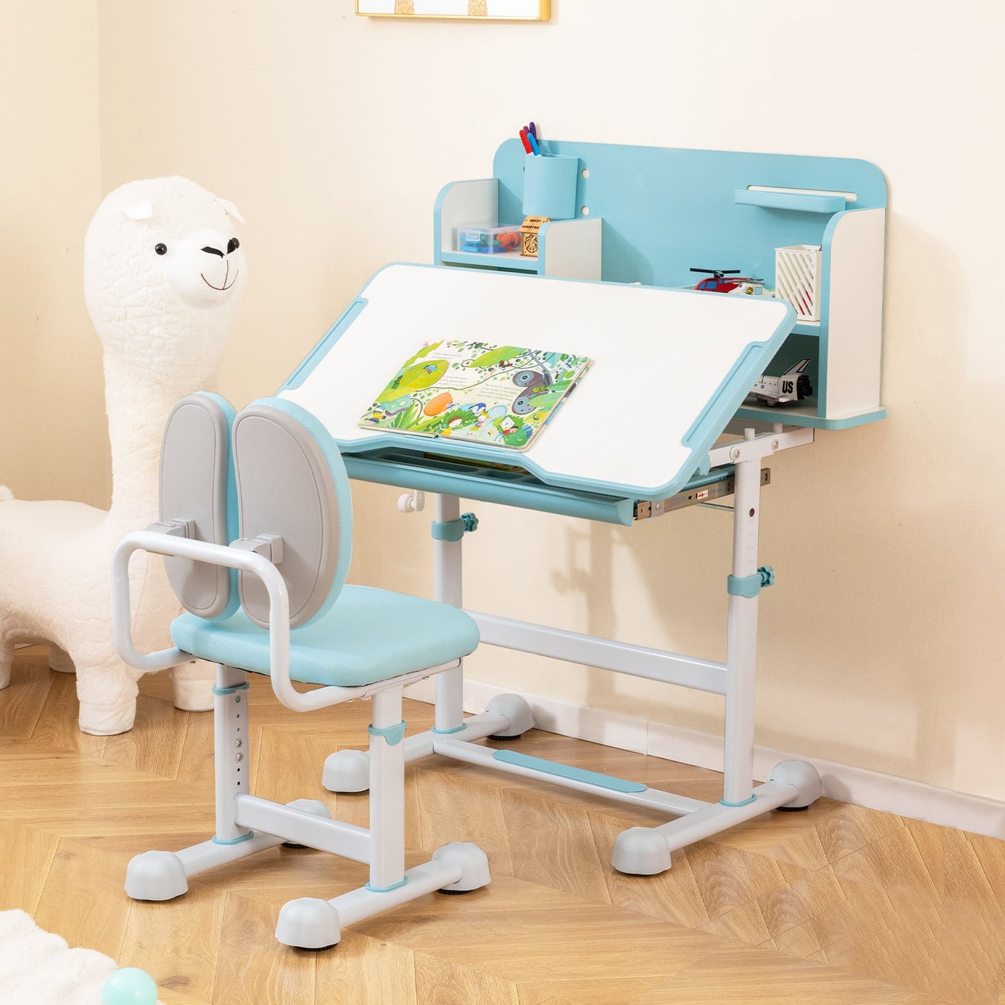 Kid's Study Desk and Chair Set with Tilt Desktop and Footrest Bar-Blue