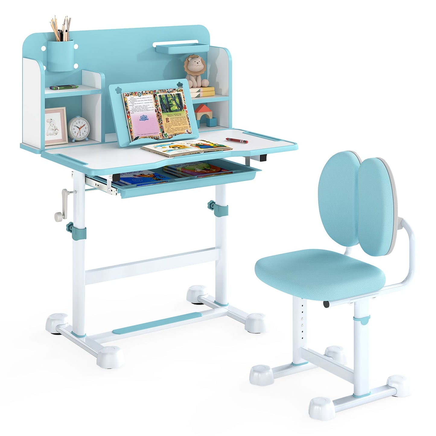 Kid's Study Desk and Chair Set with Tilt Desktop and Footrest Bar-Blue