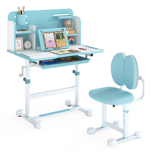 Kid's Study Desk and Chair Set with Tilt Desktop and Footrest Bar-Blue