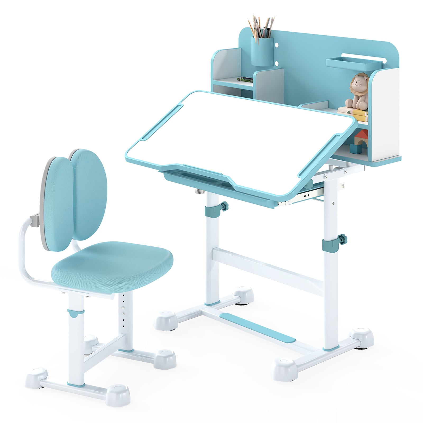 Kid's Study Desk and Chair Set with Tilt Desktop and Footrest Bar-Blue