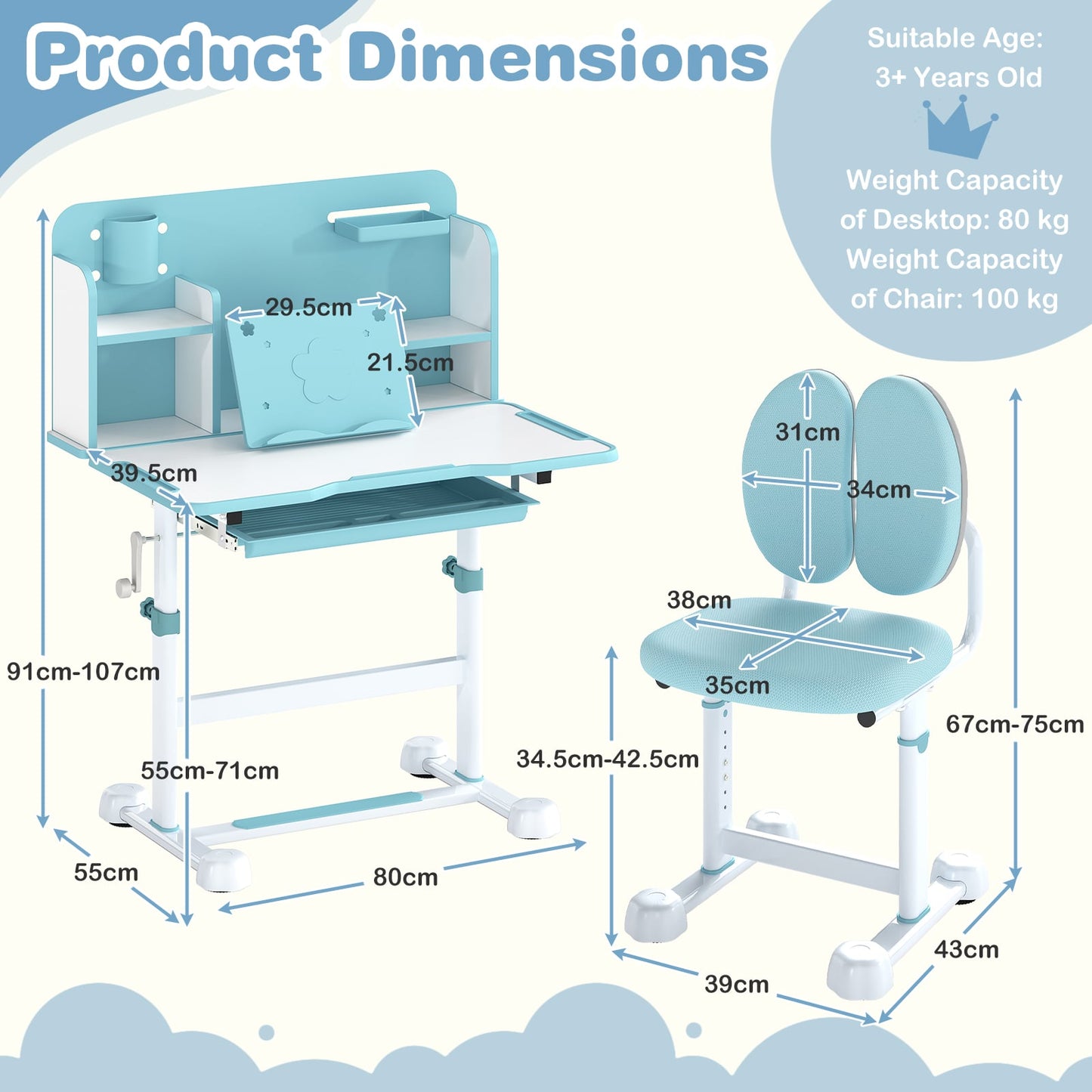 Kid's Study Desk and Chair Set with Tilt Desktop and Footrest Bar-Blue