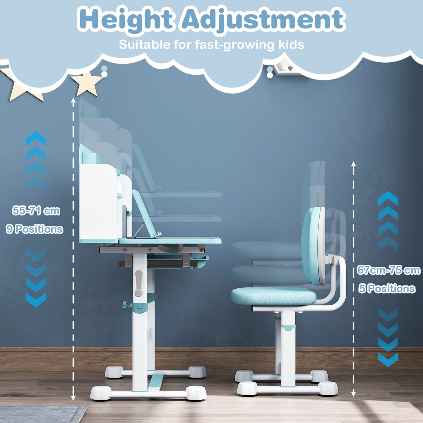 Kid's Study Desk and Chair Set with Tilt Desktop and Footrest Bar-Blue