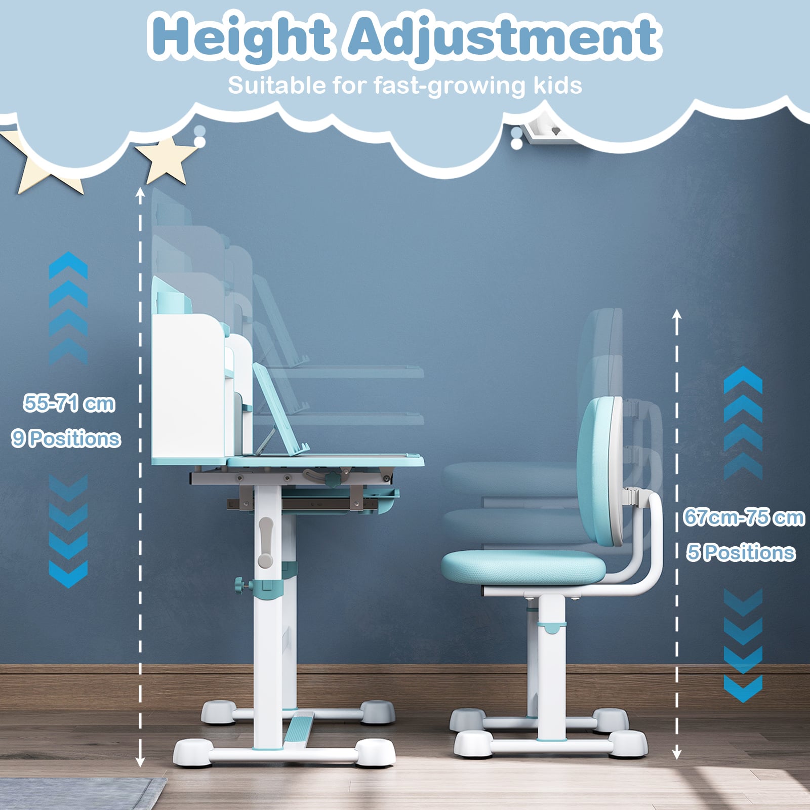 Kid's Study Desk and Chair Set with Tilt Desktop and Footrest Bar-Blue