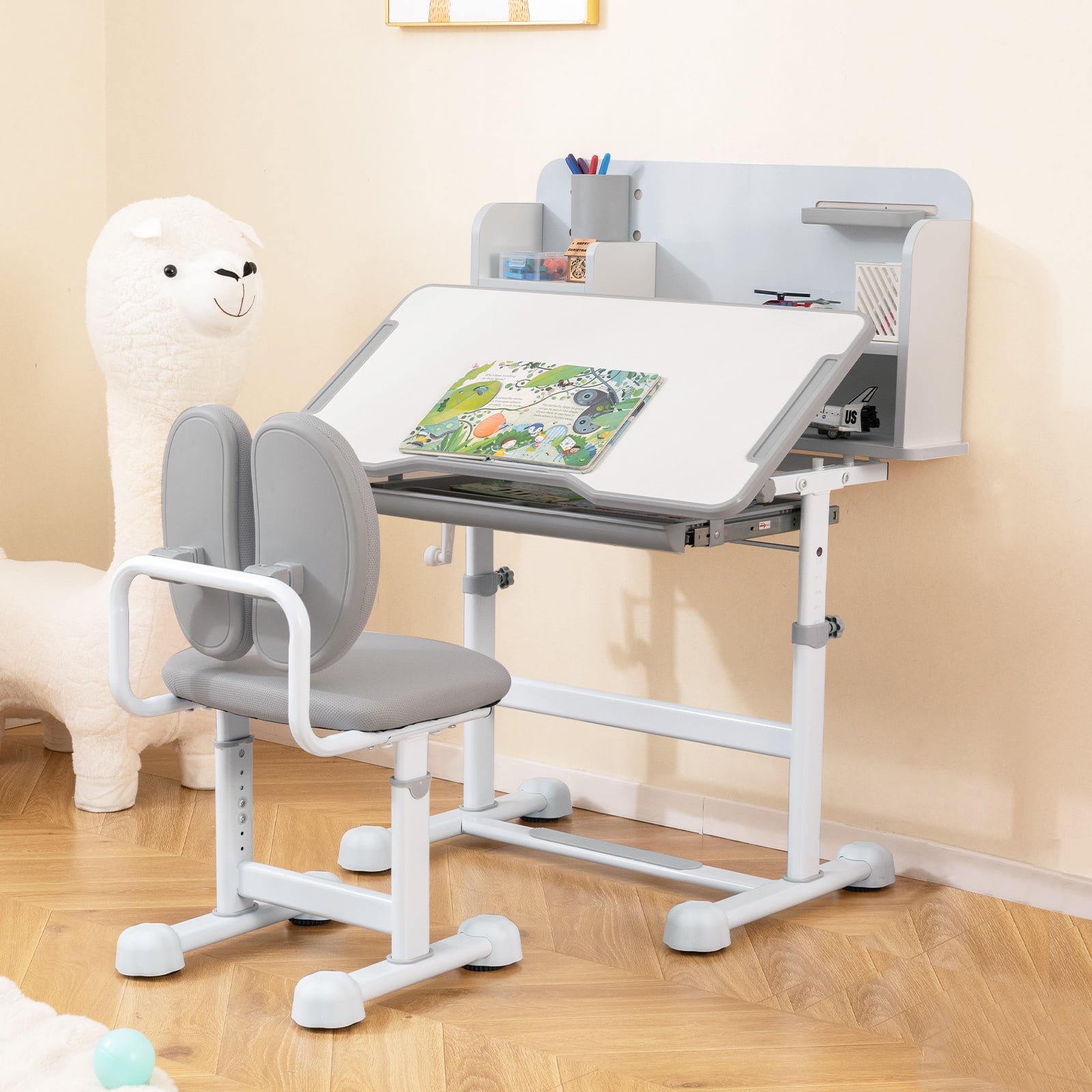 Kid's Study Desk and Chair Set with Tilt Desktop and Footrest Bar-Grey
