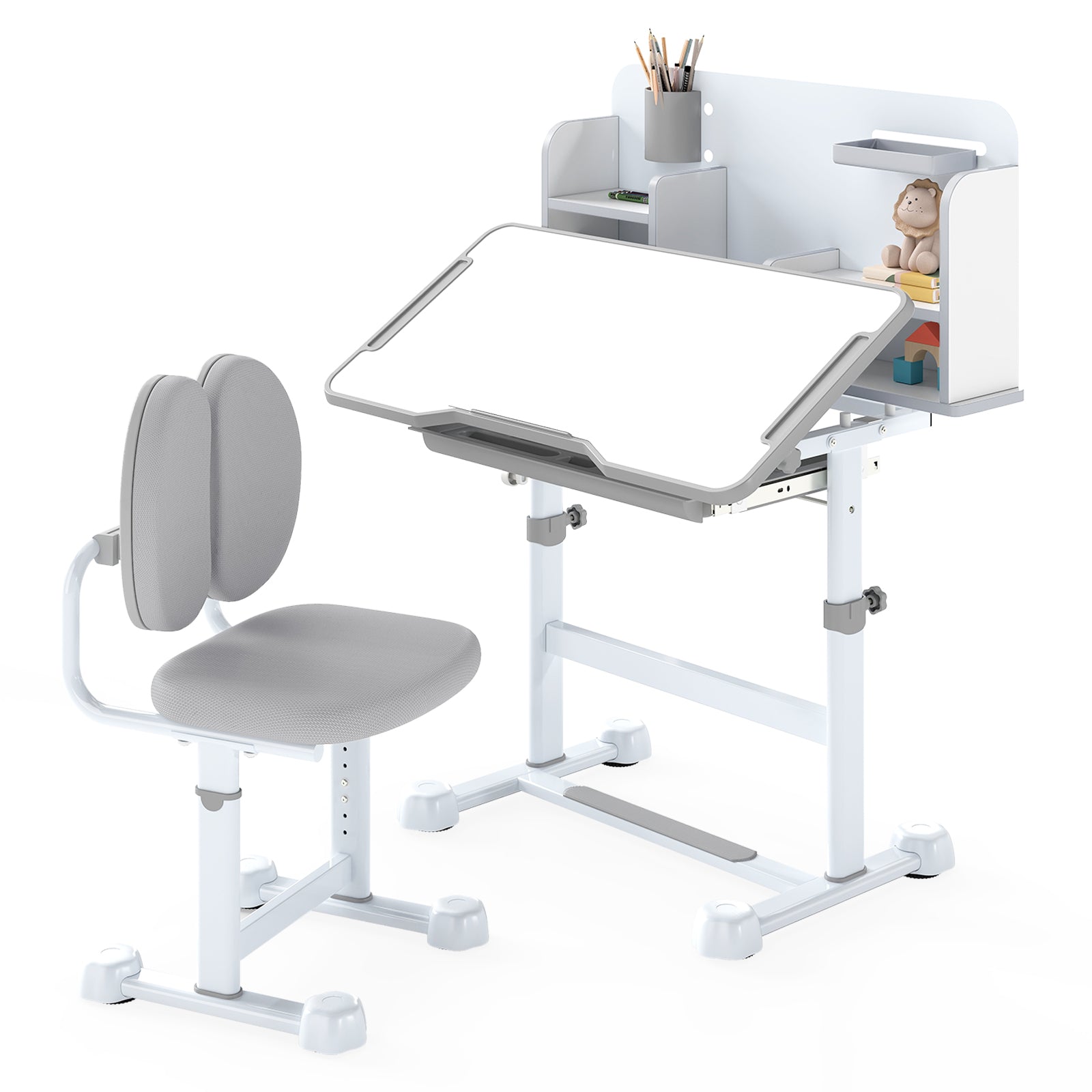Kid's Study Desk and Chair Set with Tilt Desktop and Footrest Bar-Grey
