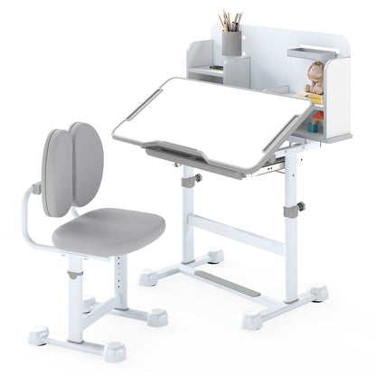 Kid's Study Desk and Chair Set with Tilt Desktop and Footrest Bar-Grey