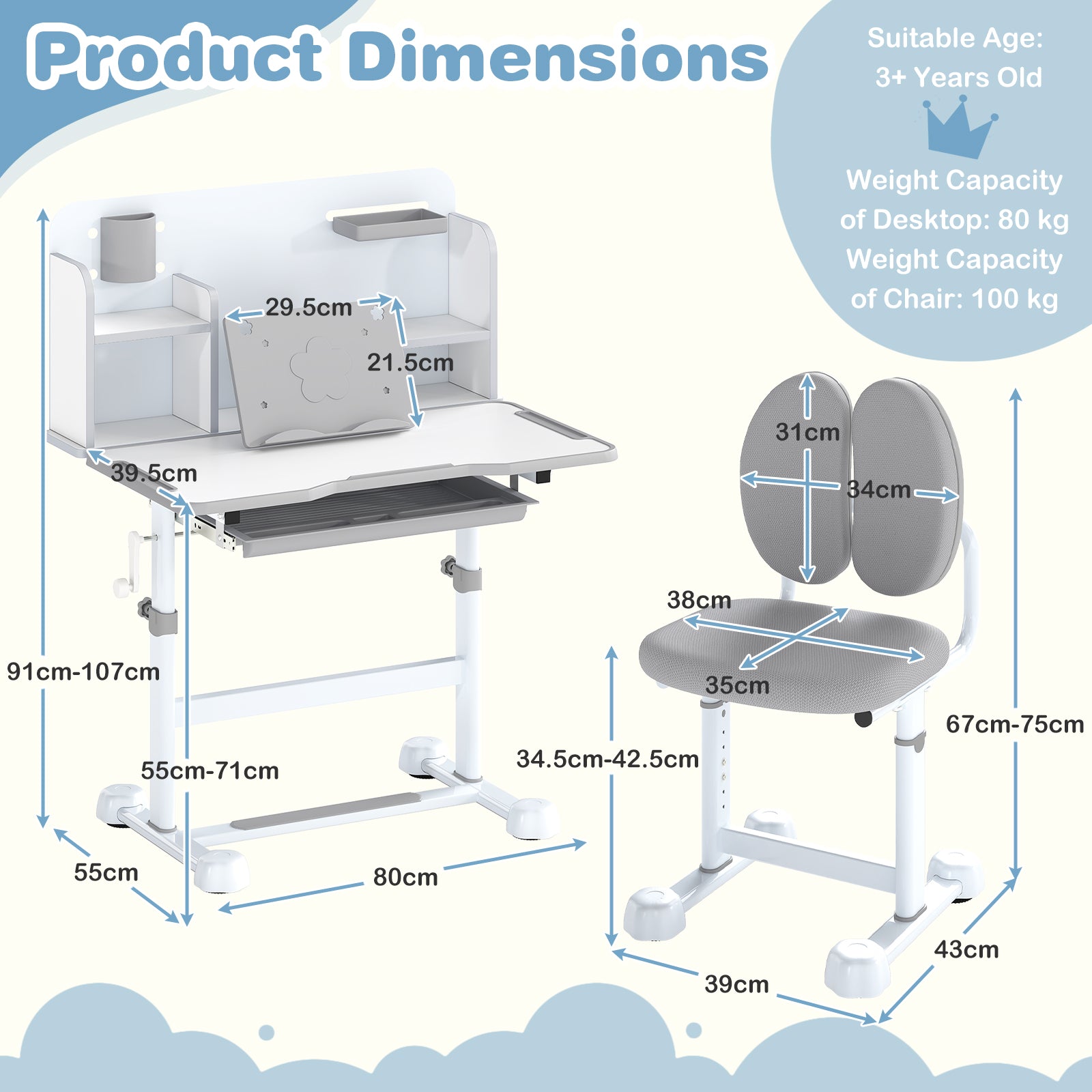 Kid's Study Desk and Chair Set with Tilt Desktop and Footrest Bar-Grey