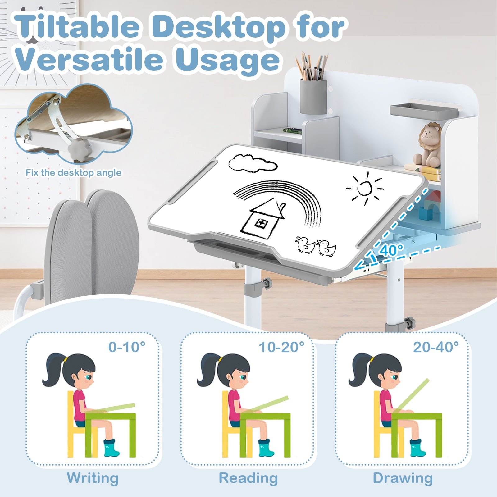 Kid's Study Desk and Chair Set with Tilt Desktop and Footrest Bar-Grey