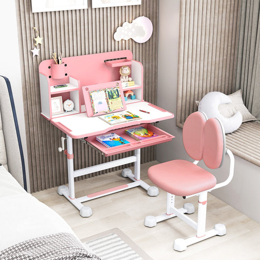 Kid's Study Desk and Chair Set with Tilt Desktop and Footrest Bar-Pink