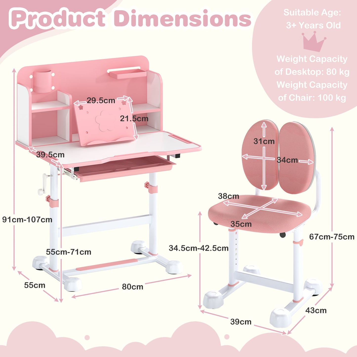 Kid's Study Desk and Chair Set with Tilt Desktop and Footrest Bar-Pink