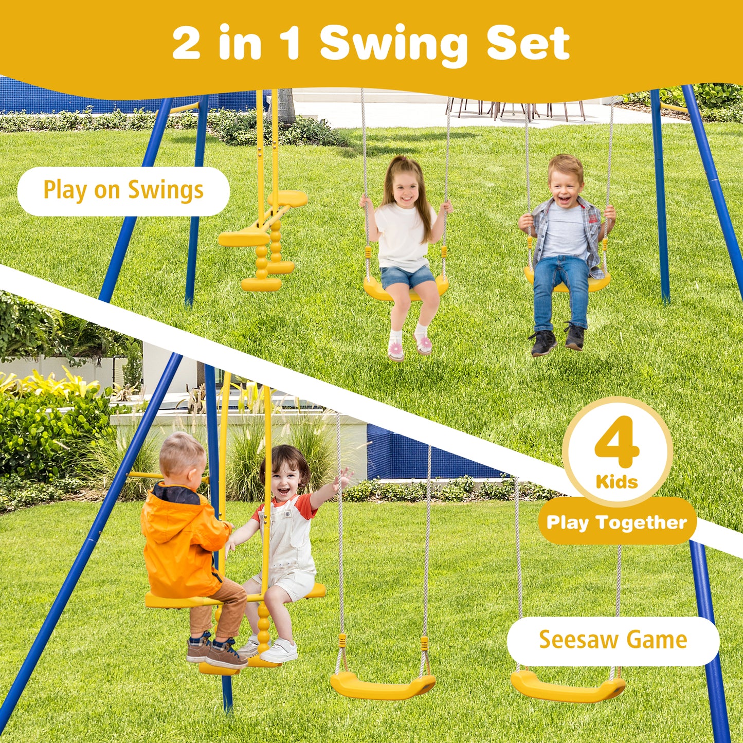 Heavy-Duty Kids Playset with 2 Swing Seats and 2 Glider Seats for Children 3-12 Years Old-Blue