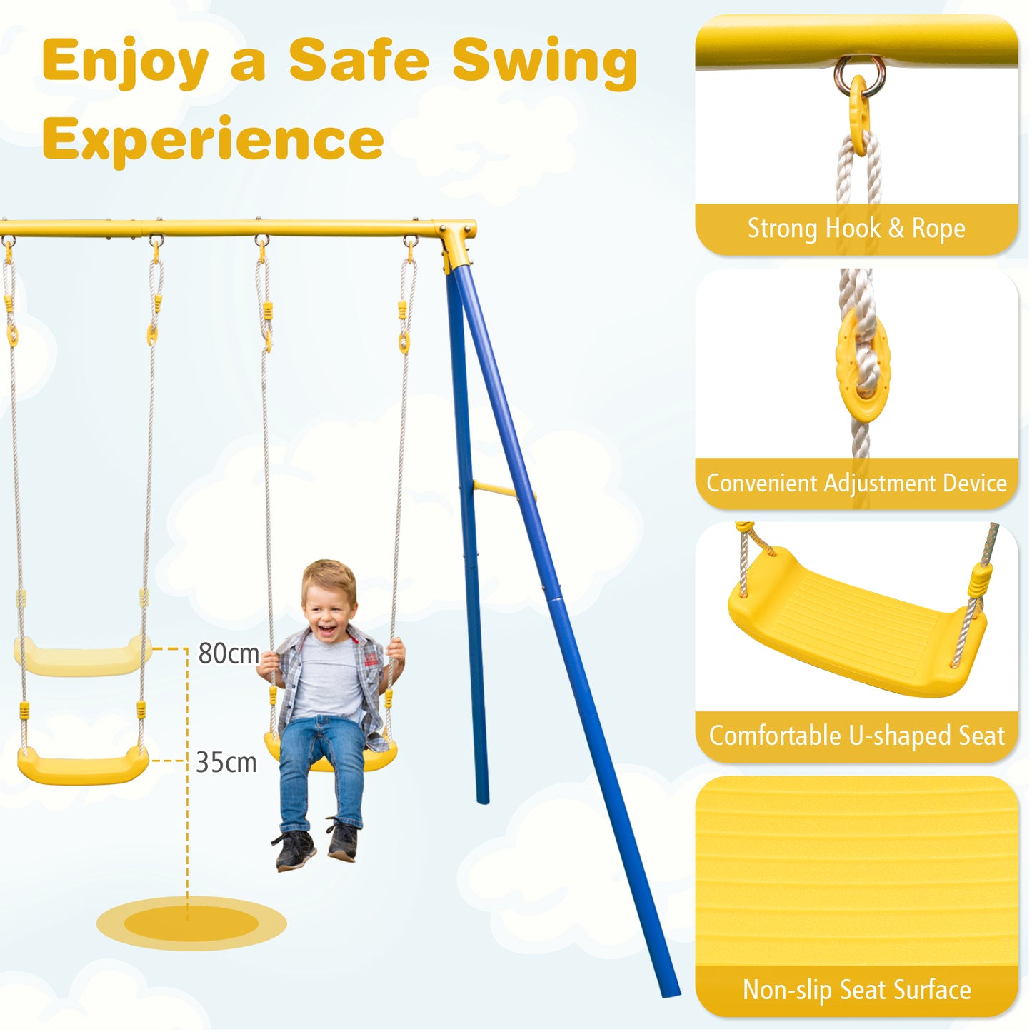 Heavy-Duty Kids Playset with 2 Swing Seats and 2 Glider Seats for Children 3-12 Years Old-Blue