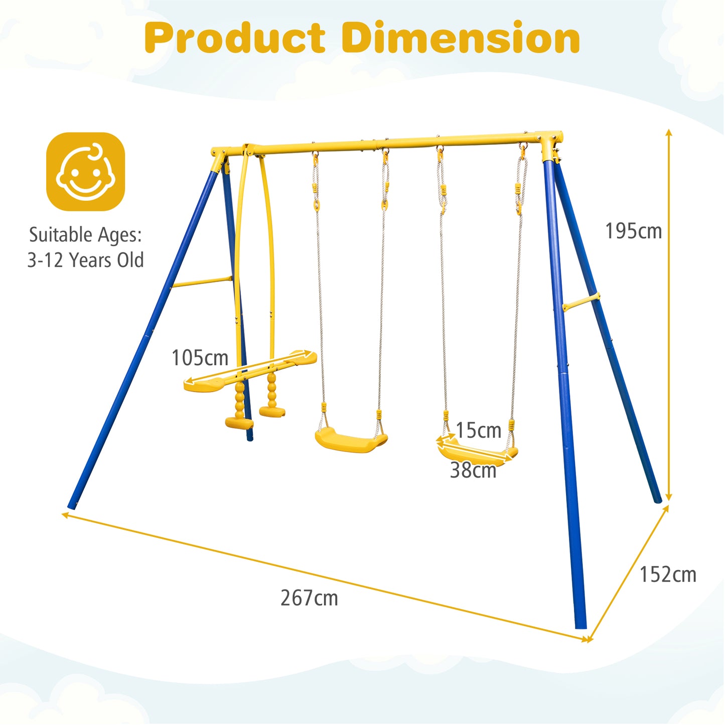 Heavy-Duty Kids Playset with 2 Swing Seats and 2 Glider Seats for Children 3-12 Years Old-Blue
