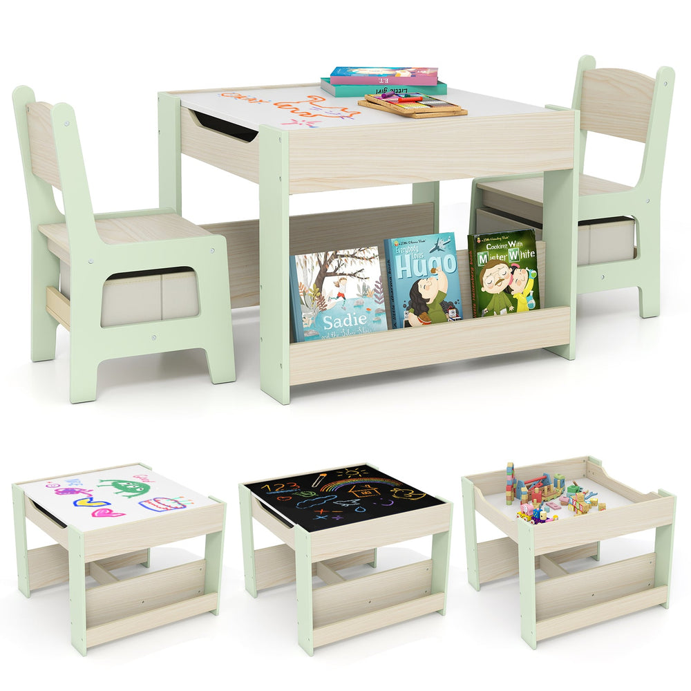 4 in 1 Kids Table and Chairs Set with Reversible Tabletop and Bookshelves-Green