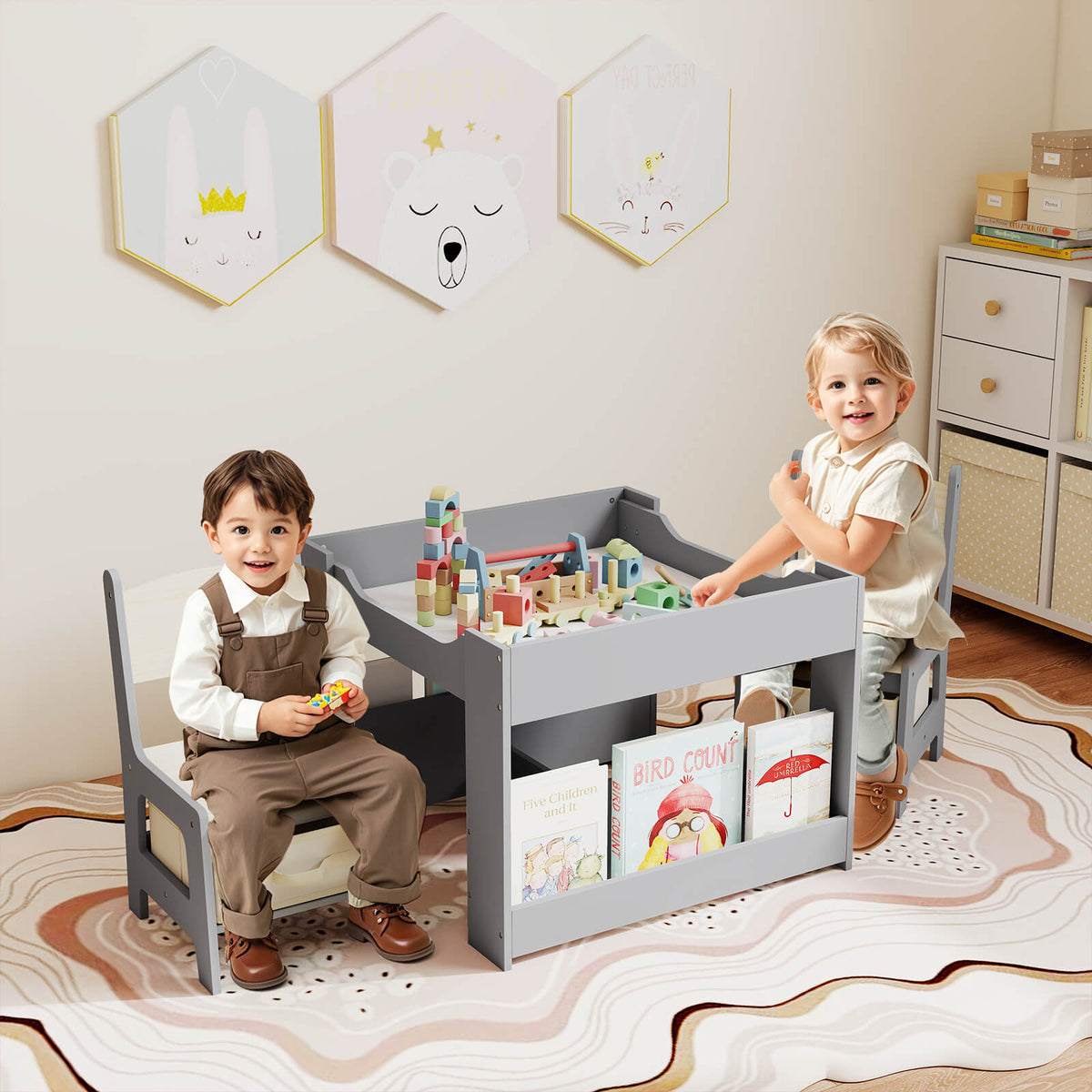 4 in 1 Kids Table and Chairs Set with Reversible Tabletop and Bookshelves-Dark Grey