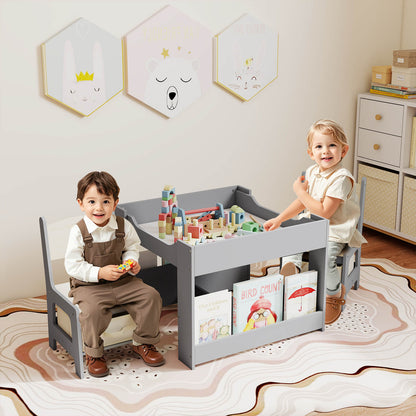 4 in 1 Kids Table and Chairs Set with Reversible Tabletop and Bookshelves-Dark Grey