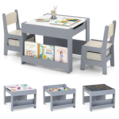 4 in 1 Kids Table and Chairs Set with Reversible Tabletop and Bookshelves-Dark Grey