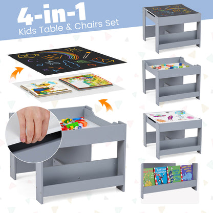 4 in 1 Kids Table and Chairs Set with Reversible Tabletop and Bookshelves-Dark Grey