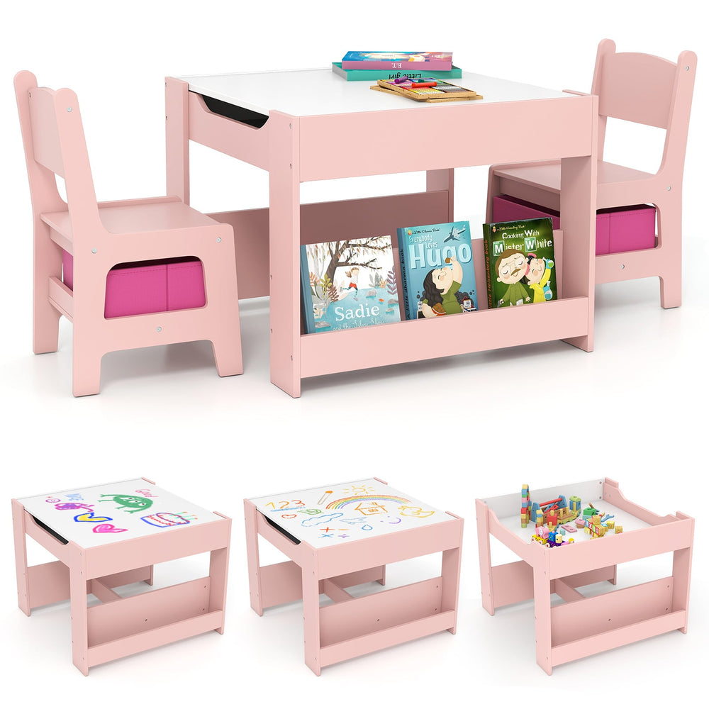 4 in 1 Kids Table and Chairs Set with Reversible Tabletop and Bookshelves-Pink