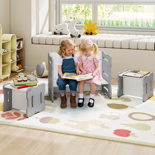 Kids Table and Chair Set 3-Piese Toddler Set with 2 Stools and Activity Table-Grey