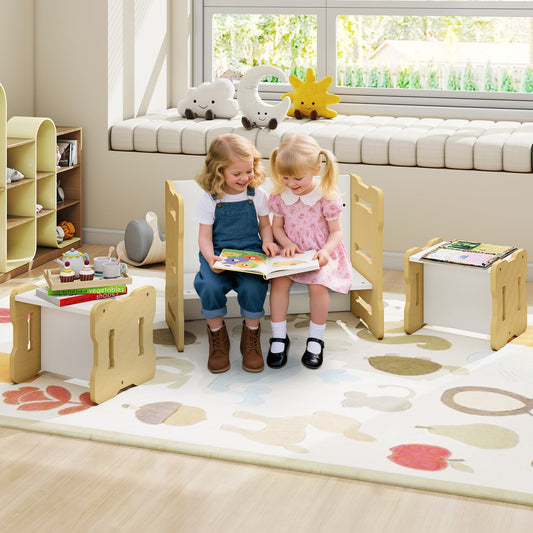 Kids Table and Chair Set 3-Piese Toddler Set with 2 Stools and Activity Table-Natural