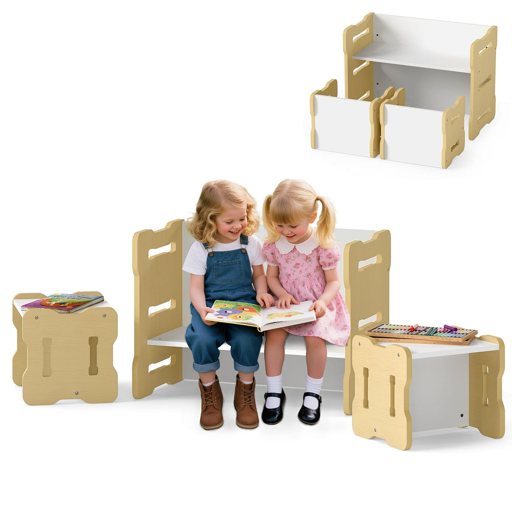 Kids Table and Chair Set 3-Piese Toddler Set with 2 Stools and Activity Table-Natural