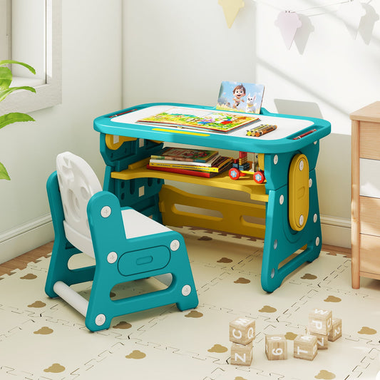 Kids Table and Chair Set with Tiltable Whiteboard and Book Stand-Yellow