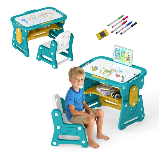 Kids Table and Chair Set with Tiltable Whiteboard and Book Stand-Yellow