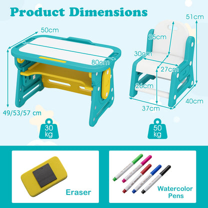 Kids Table and Chair Set with Tiltable Whiteboard and Book Stand-Yellow