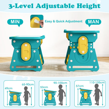 Kids Table and Chair Set with Tiltable Whiteboard and Book Stand-Yellow