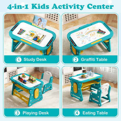 Kids Table and Chair Set with Tiltable Whiteboard and Book Stand-Yellow