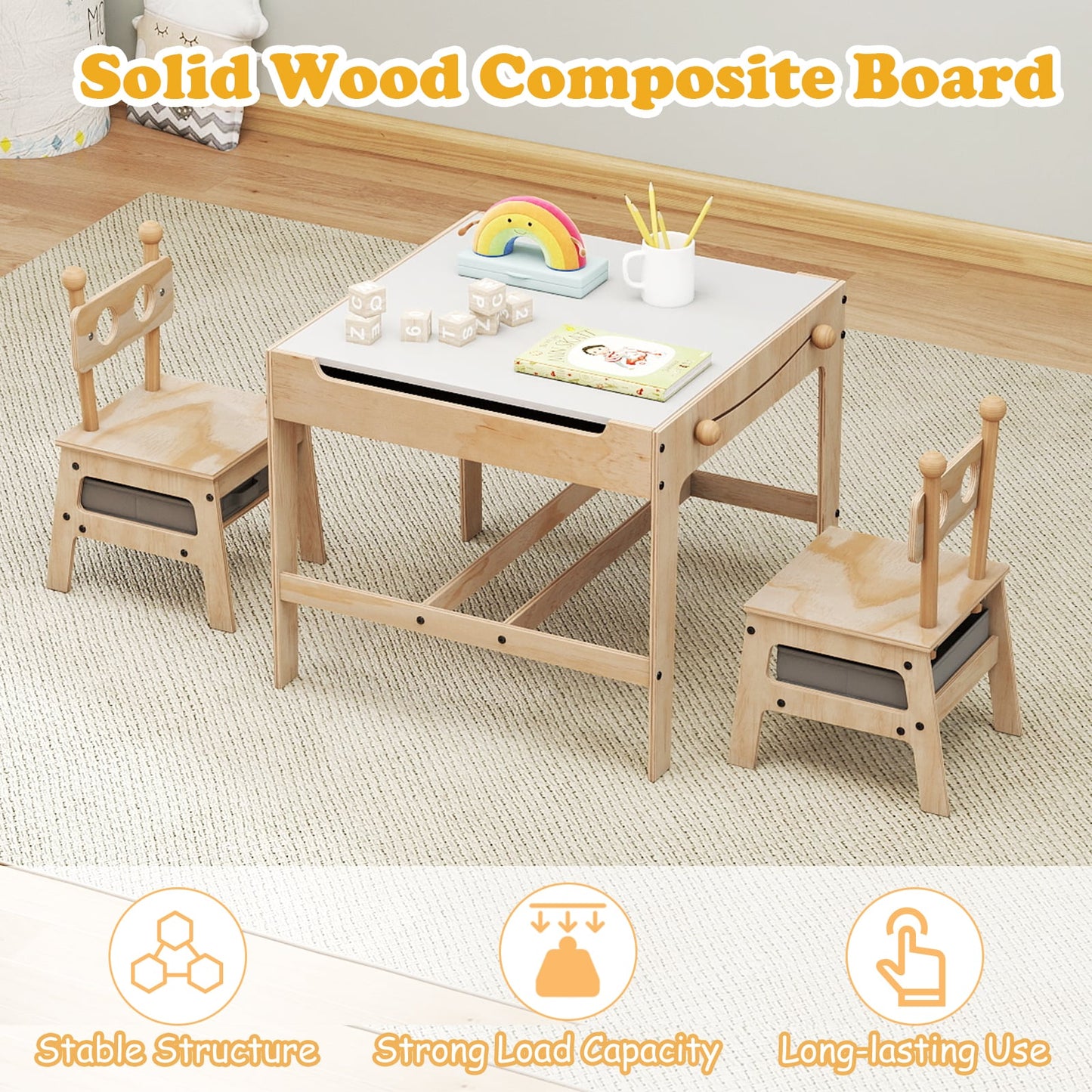 Kids Table and Chairs 4 in 1 Wooden Activity Desk Set (Robot Shape)-Grey