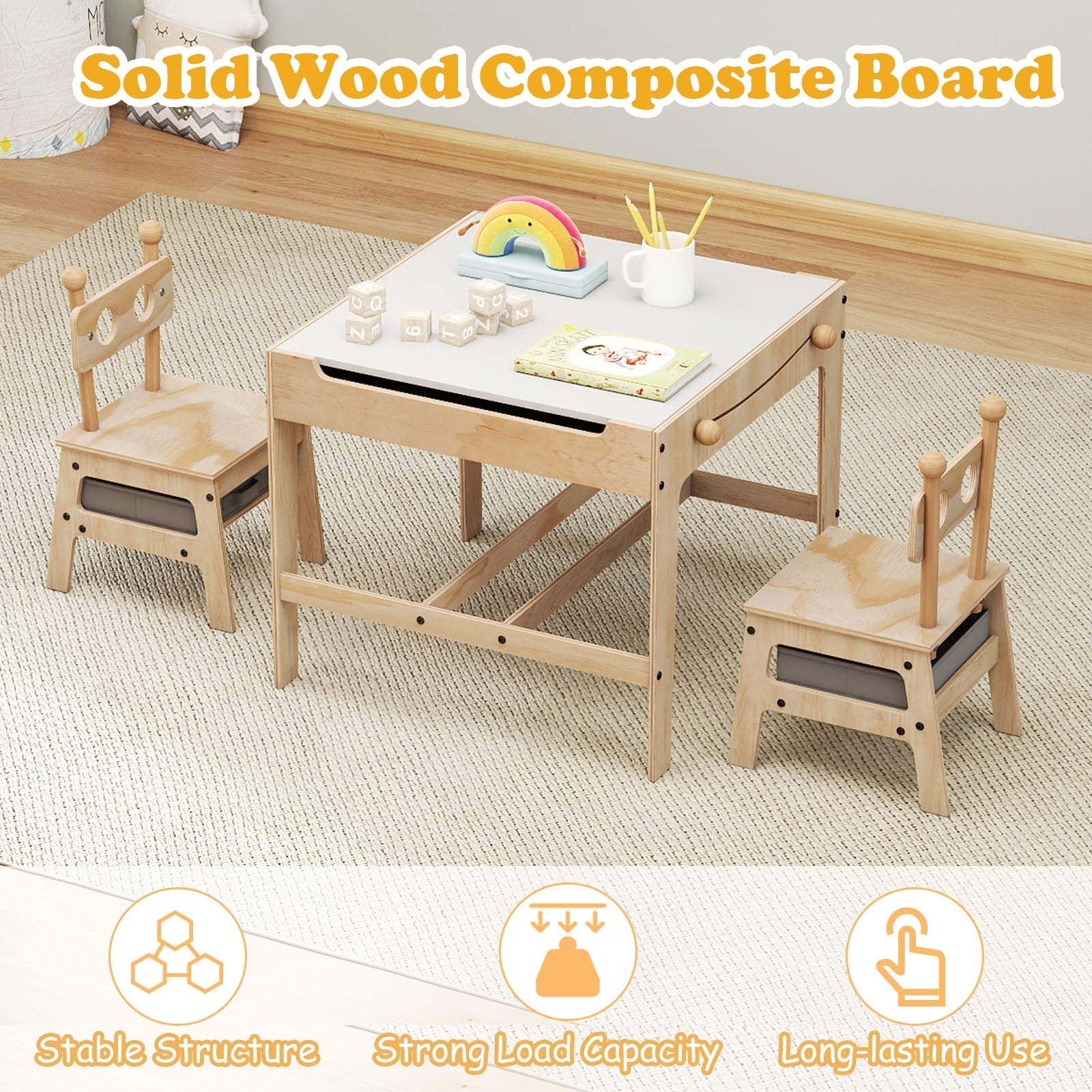 Kids Table and Chairs 4 in 1 Wooden Activity Desk Set (Robot Shape)-Grey