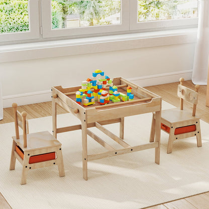Kids Table and Chairs 4 in 1 Wooden Activity Desk Set (Robot Shape)-Natural