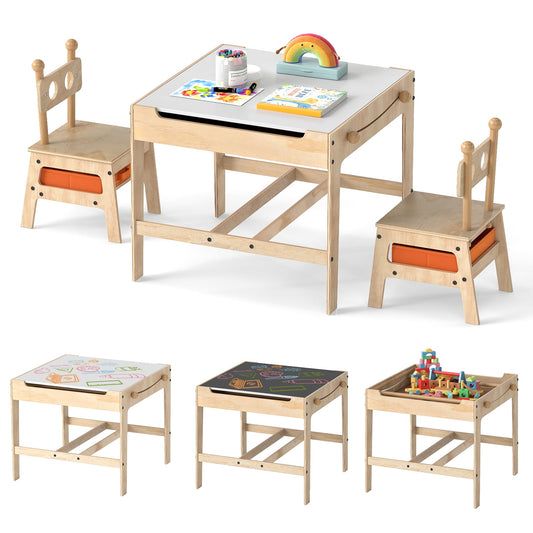 Kids Table and Chairs 4 in 1 Wooden Activity Desk Set (Robot Shape)-Natural
