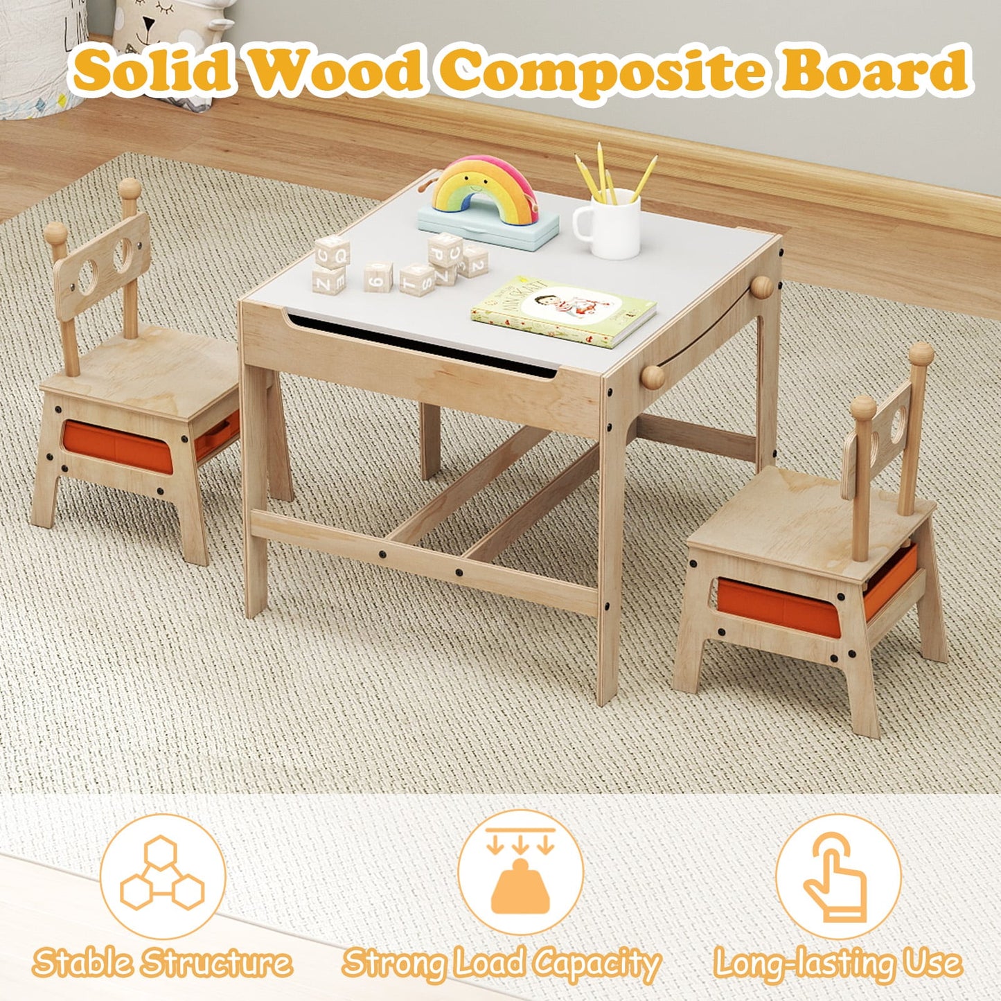 Kids Table and Chairs 4 in 1 Wooden Activity Desk Set (Robot Shape)-Natural