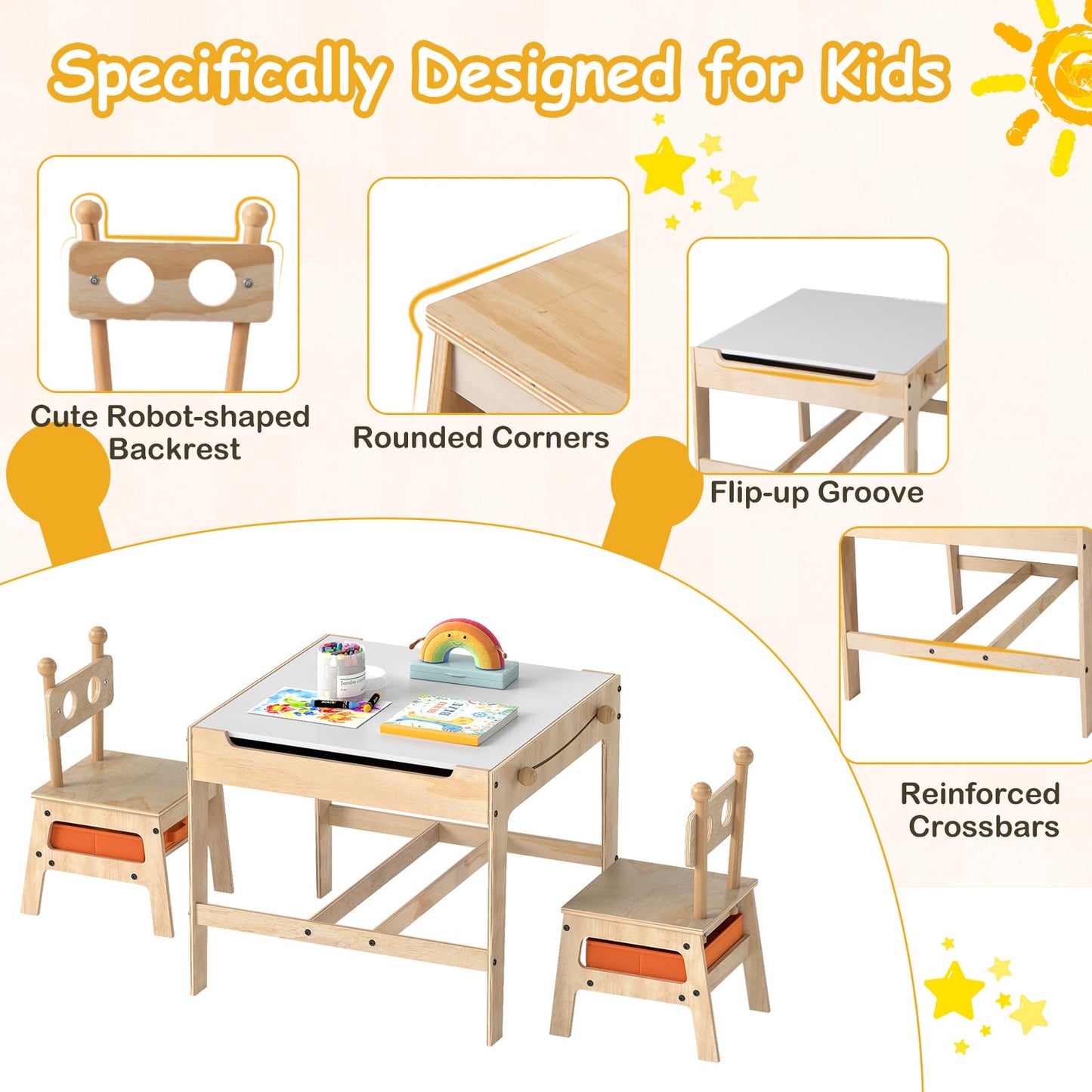 Kids Table and Chairs 4 in 1 Wooden Activity Desk Set (Robot Shape)-Natural