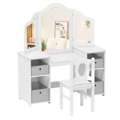 Kids Vanity Desk and Chair 2 in 1 Toddler Makeup Pretend Play Table-Gray & White
