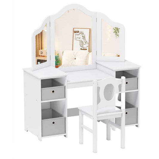 Kids Vanity Desk and Chair 2 in 1 Toddler Makeup Pretend Play Table-Gray & White