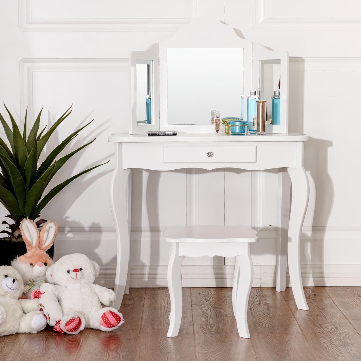 Kids Vanity Makeup Table Set Princess Makeup Dressing Table with Stool-White