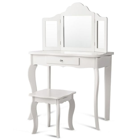 Kids Vanity Makeup Table Set Princess Makeup Dressing Table with Stool-White