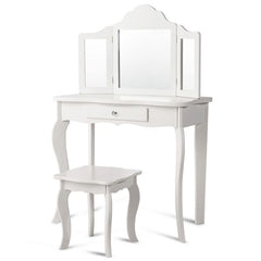 Kids Vanity Makeup Table Set Princess Makeup Dressing Table with Stool-White